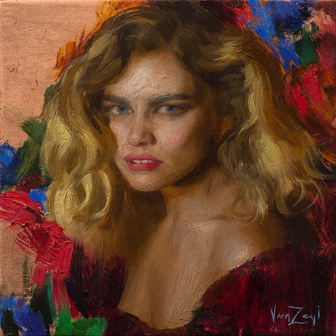 A painting by Michael Van Zeyl of a woman with blonde hair, titled "Sara in Red" by Michael Van Zeyl.