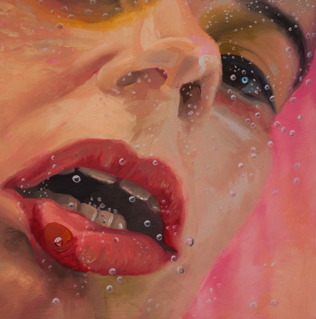 A painting of a woman with water drops on her face that pops with vibrancy - Shaina Craft "Pop, Bang, Squish".