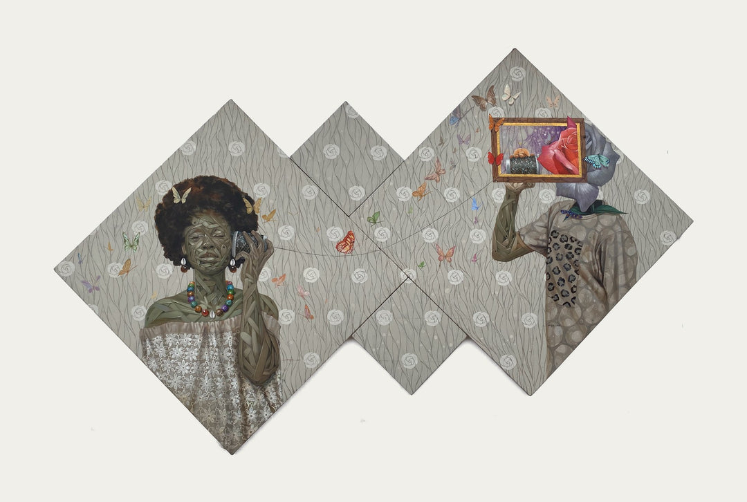 An acrylic painting on canvas of a woman holding a Ifeoluwa Alade - "Fragrance" on top of a diamond. The artwork features a captivating glow in the dark medium.