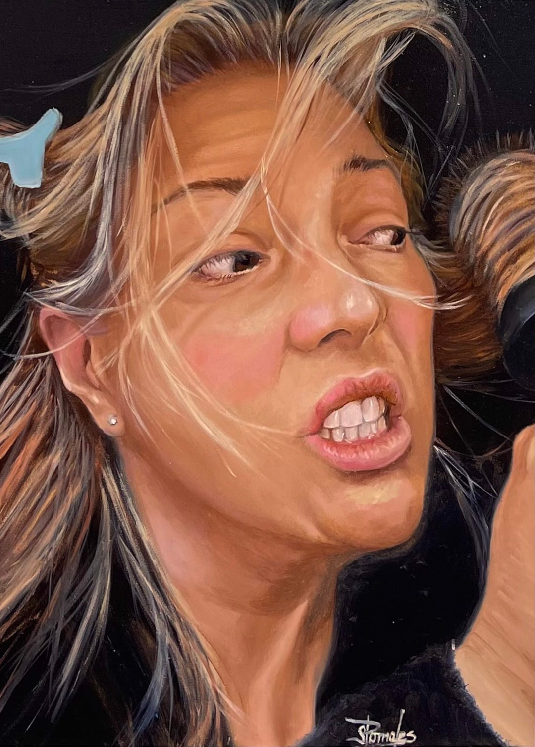 Sharon Pomales presents a Sharon Pomales - "Untitled" masterpiece captured on panel, showcasing a stunning portrayal of a woman gracefully holding a microphone. This exquisite artwork is meticulously created with the timeless technique of Oil.