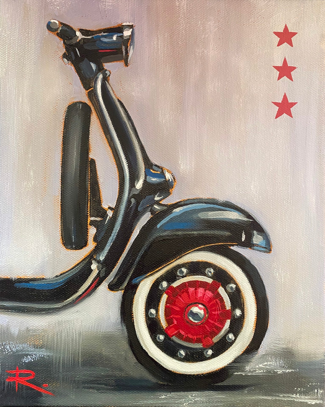 An oil on canvas painting of a Rosa Fedele - "Milano II feat. Vespa Primavera 125" scooter embellished with stars on the wheels.