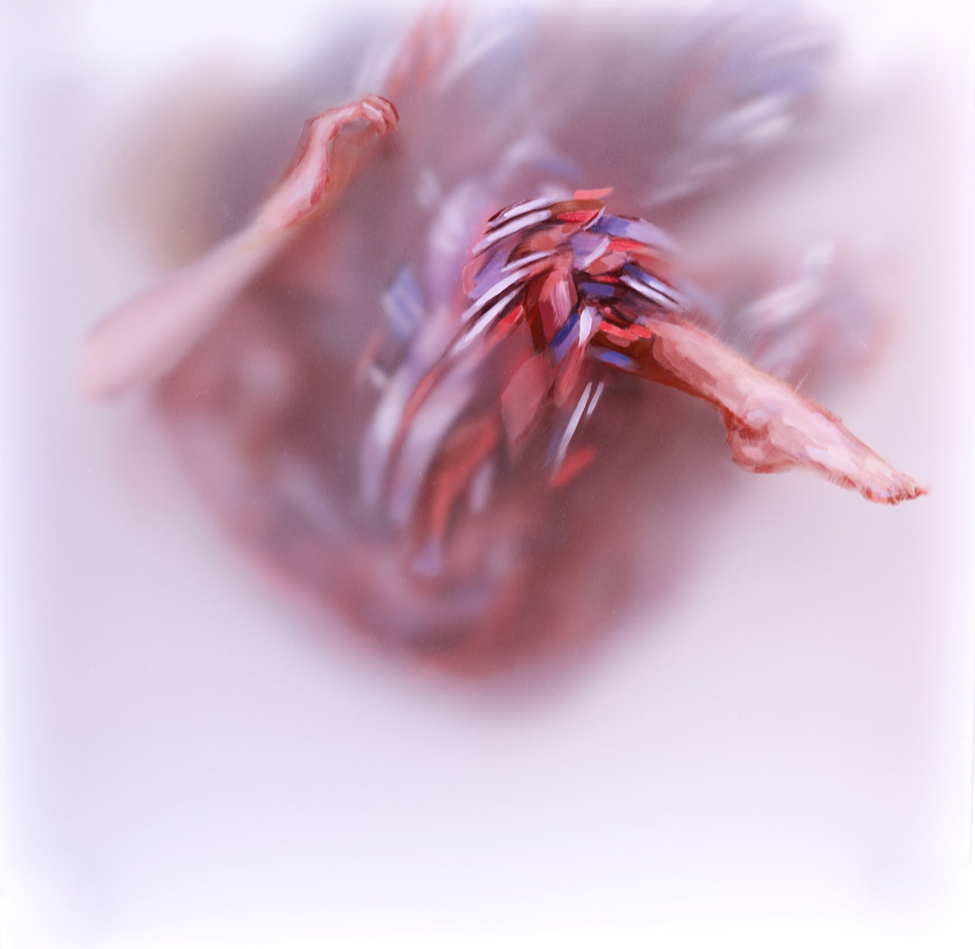 Michelle Jader, an artist known for her unique technique of using oil on acrylic panels, captures the essence of a person in 'Quiet Descent' by Michelle Jader.
