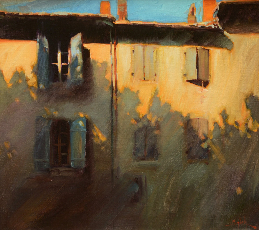 An oil painting of a house with Kim English - "Blue Shutters, 1998".