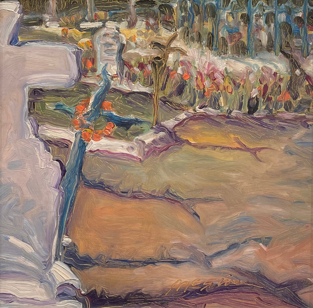 Peggy McGivern's haunting painting, "Shadow Pattern," captures the solemnity of a cemetery scene with a powerful central cross. Painted using oil on panel, Peggy McGivern expert.