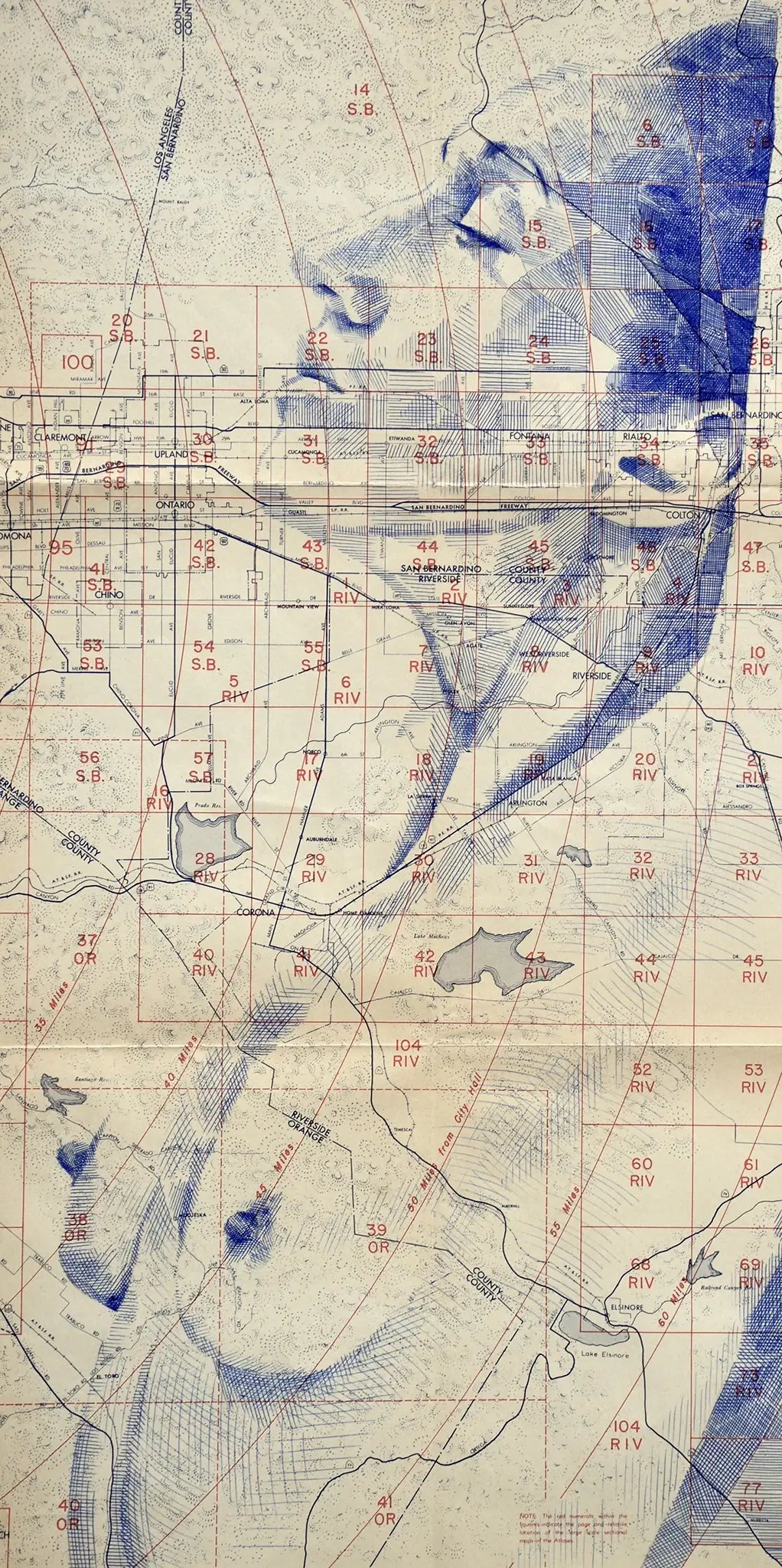 A drawing of a woman with blue lines on it, called "Los Angeles II" by Ed Fairburn.