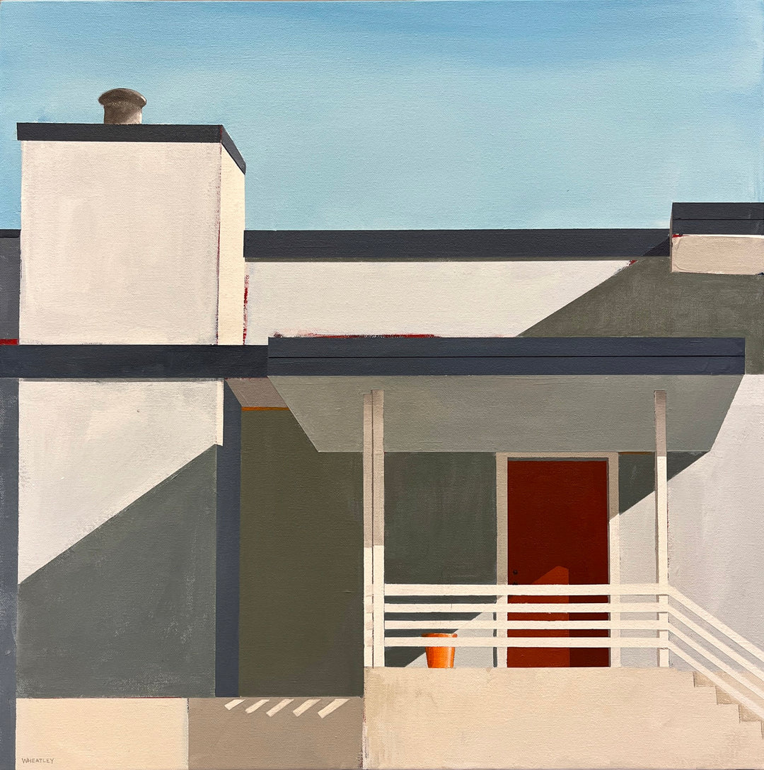 An acrylic painting by Justin Wheatley, Justin Wheatley - "Avenida Del Sol", depicting a house with a red door.