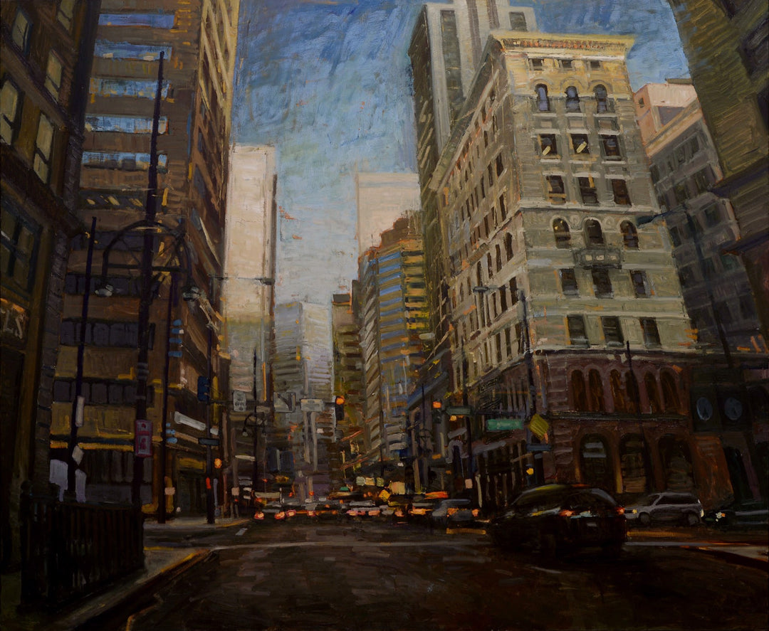 A painting of a city street with tall buildings, titled "Jim Beckner - 17th Street #12, 2017" by Jim Beckner.