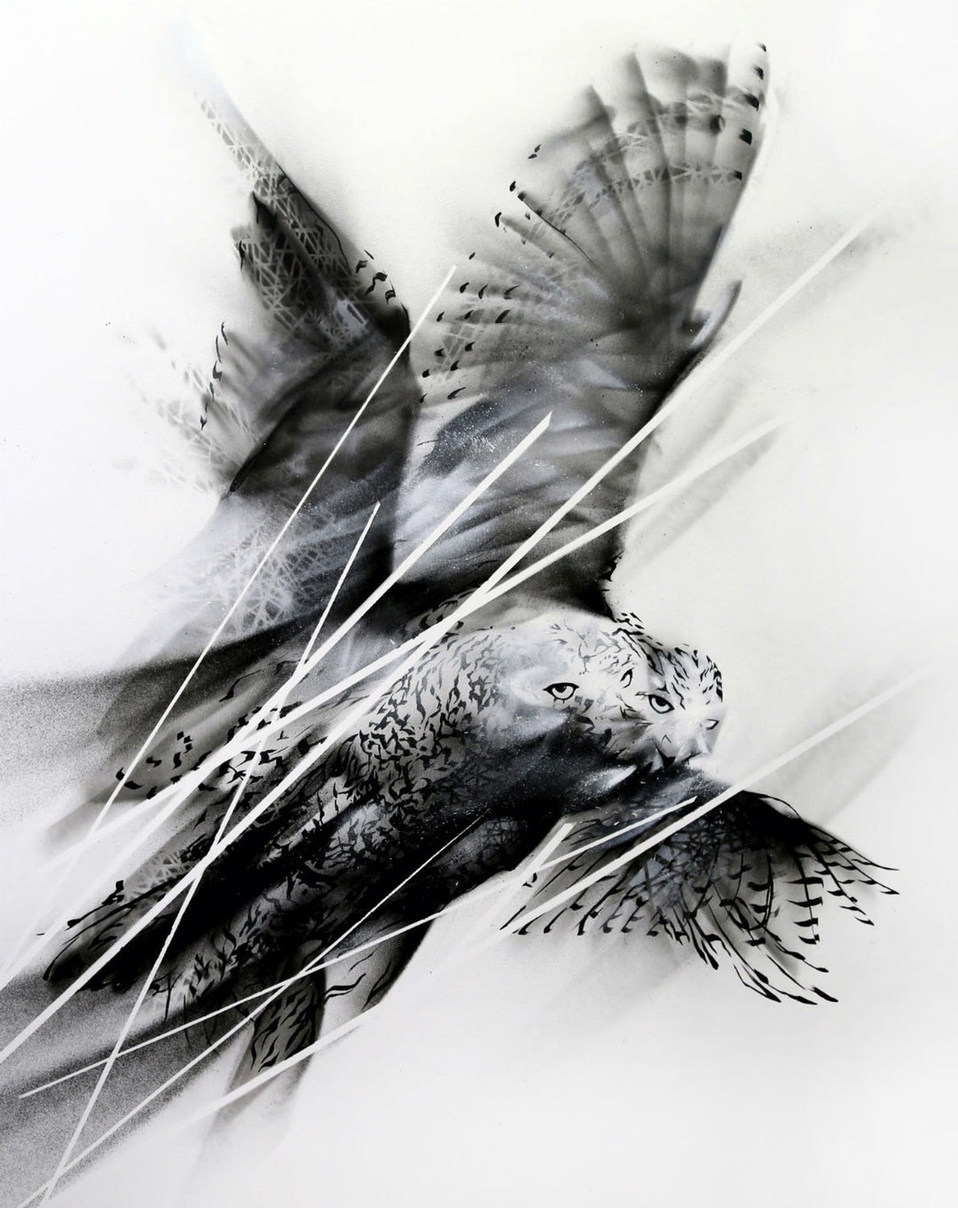 A stunning black and white painting of an owl flying by Aaron Li-Hill, created with a unique mix of aerosol and acrylic called "Crossing" by Aaron Li-Hill.