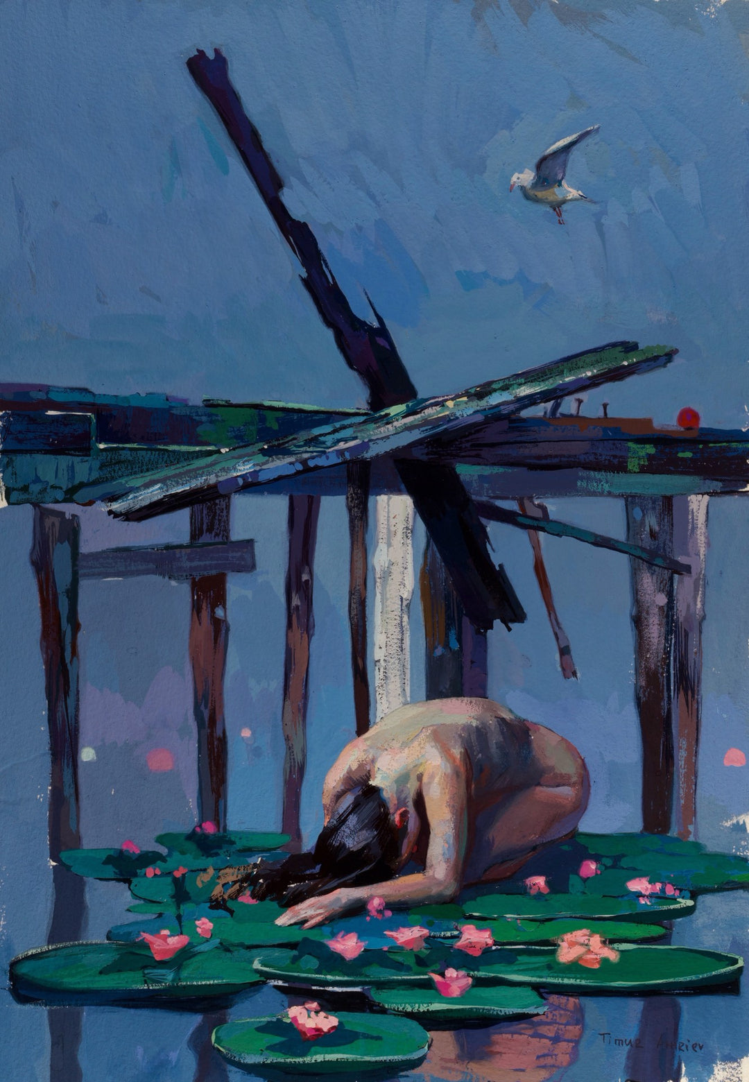 Timur Akhriev, an artist known for his stunning portraits and captivating landscapes, has created a breathtaking painting capturing the serene image of a woman peacefully reclining on water lilies called "Worship" by Timur Akhriev.