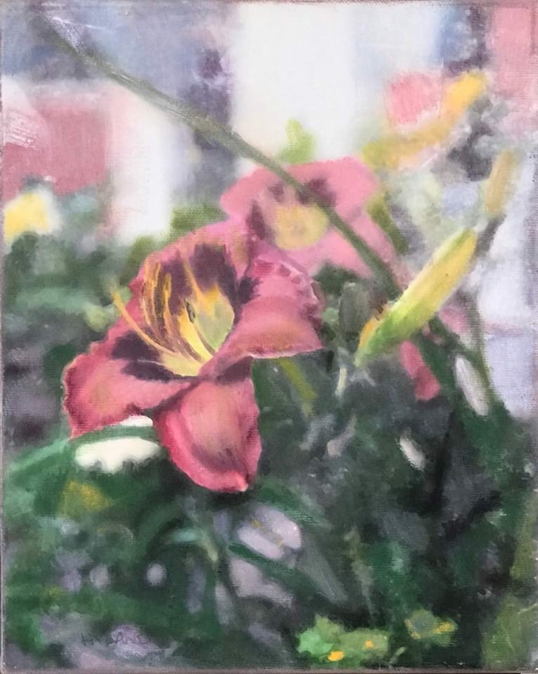 A beautiful painting of a pink lily in a pot, created by John Hyland - "Summer Wine." This stunning artwork, titled "Summer Wine," is expertly executed using oil on canvas.
