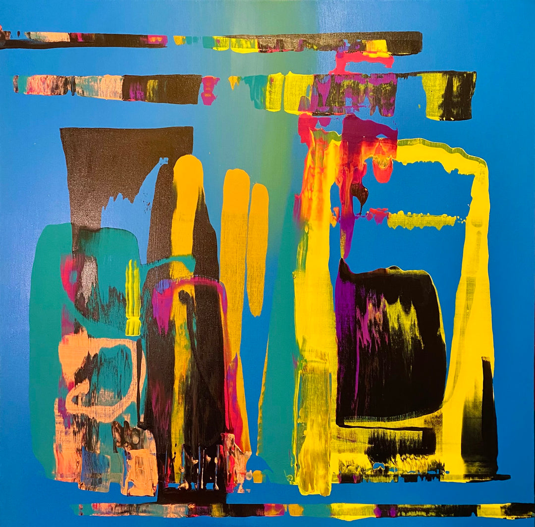 An abstract mixed media painting with a blue background by Jennifer Bobola, featuring the Jennifer Bobola - "Blue Dragon, 2022".