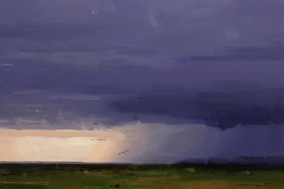 Thorgrimur Einarsson's "Storm Over South Iceland" oil on wood panel captures the powerful storm over a field in South Iceland.