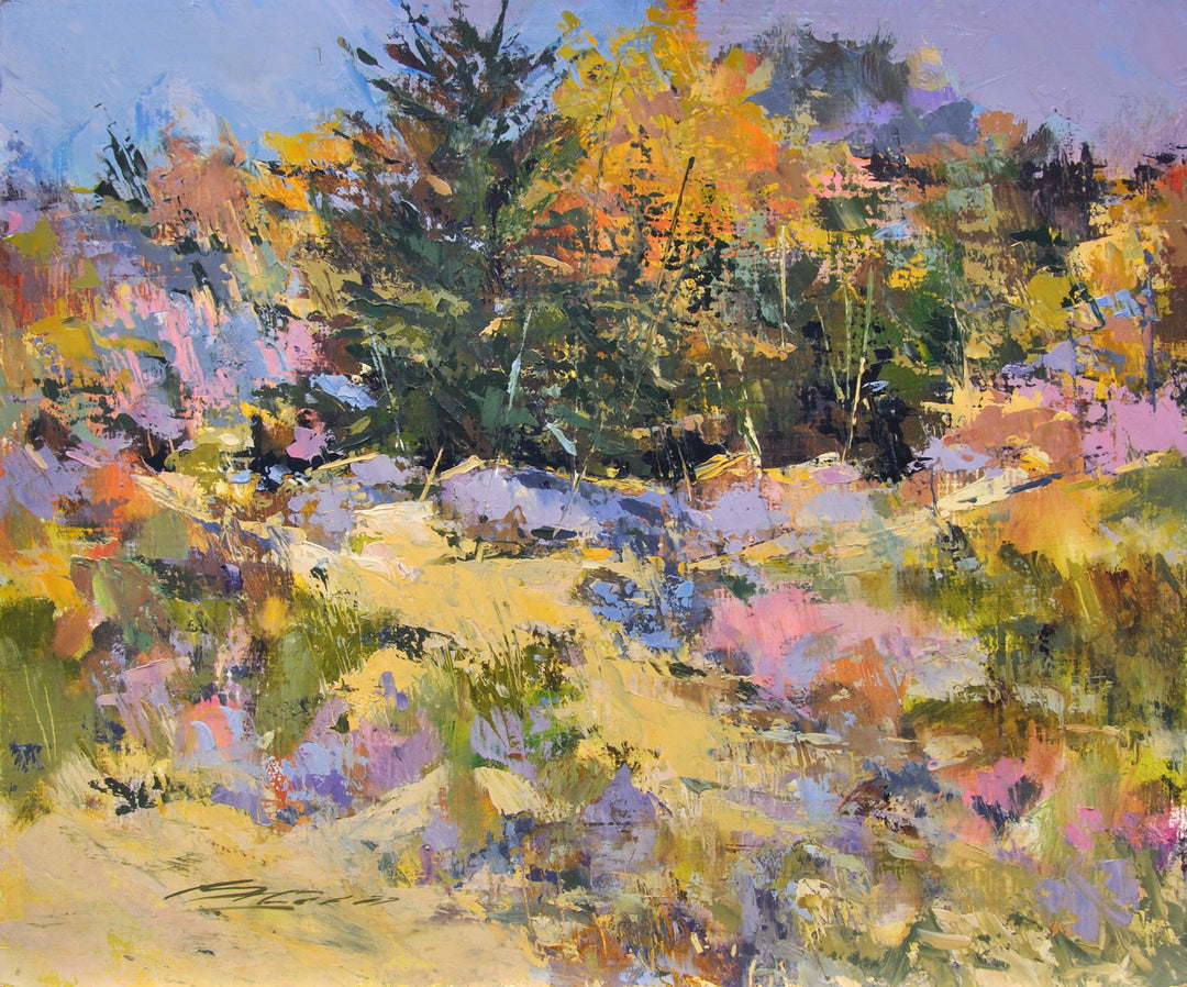 An oil painting of a field with trees and flowers, created by Jann T. Bass - "Sarabono".