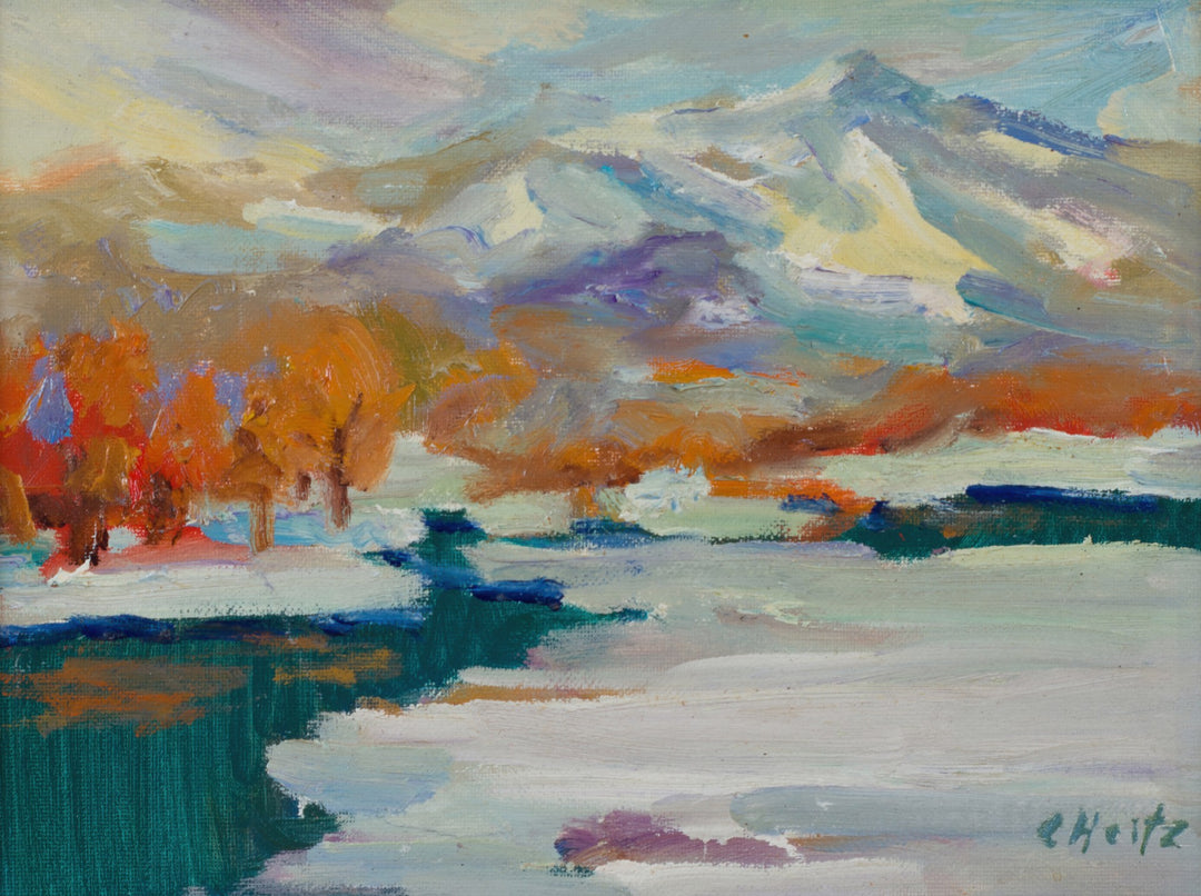 Taos Wild, 2006" on panel painting by Carol Heitz, depicting a snowy landscape with mountains in the background.