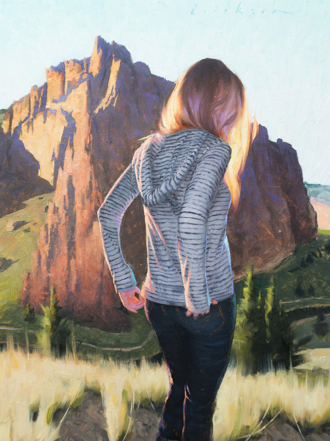A Cody Erickson - "Lambent" oil painting of a girl standing in front of a mountain by renowned artist Cody Erickson.