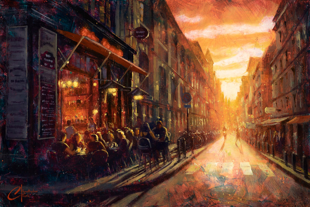 A painting of a city street in Paris by Christopher Clark - "Paris, Afternoon Cafe, 2022".