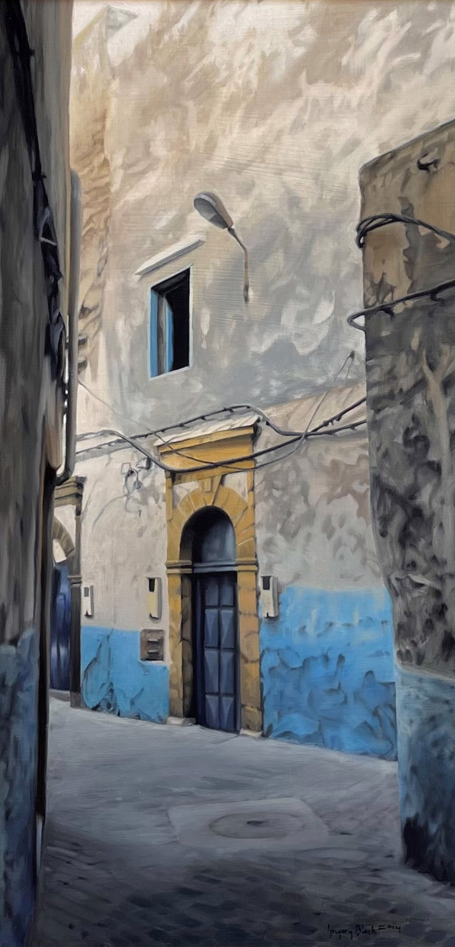 A mesmerizing oil on board painting capturing the enchanting streets of Morocco, with vibrant hues reminiscent of Mogador Blue, skillfully crafted by the talented artist Gregory Block - "Mogador Blue, No. 4, 2014" from the brand Gregory Block.