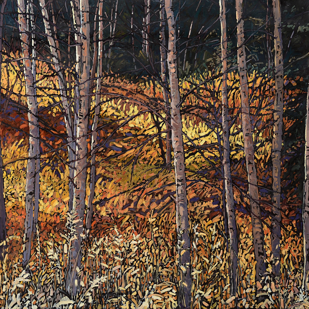 Deb Komitor, an artist known for her realistic and captivating artwork, has created a stunning painting capturing the essence of autumn. In this masterpiece, birch trees stand tall amidst a backdrop of "Autumn Fully Present" by Deb Komitor.