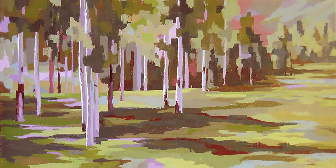 An oil painting of trees in a field by Hadley Rampton - "Halcyon Hues" from the brand Hadley Rampton.