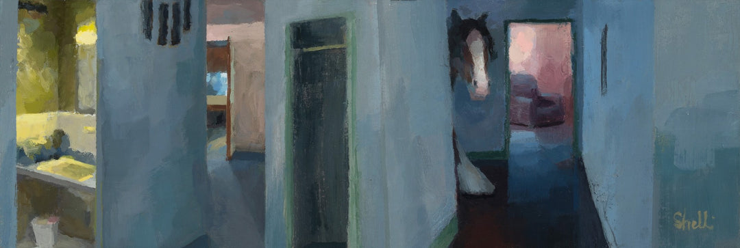 Shelli Langdale's oil painting "Reverie" by Shelli Langdale captures a hallway adorned with serene blue walls, invoking a dreamlike reverie.