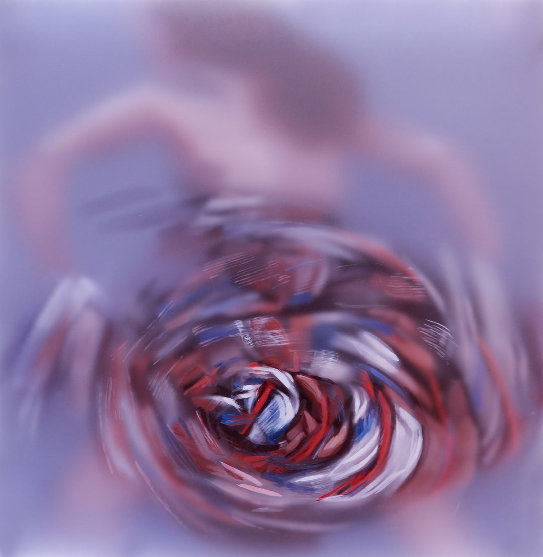 A blurry image of a woman in a red, white and blue dress created using oil on 4 acrylic panels called "Wayfinding" by Michelle Jader.