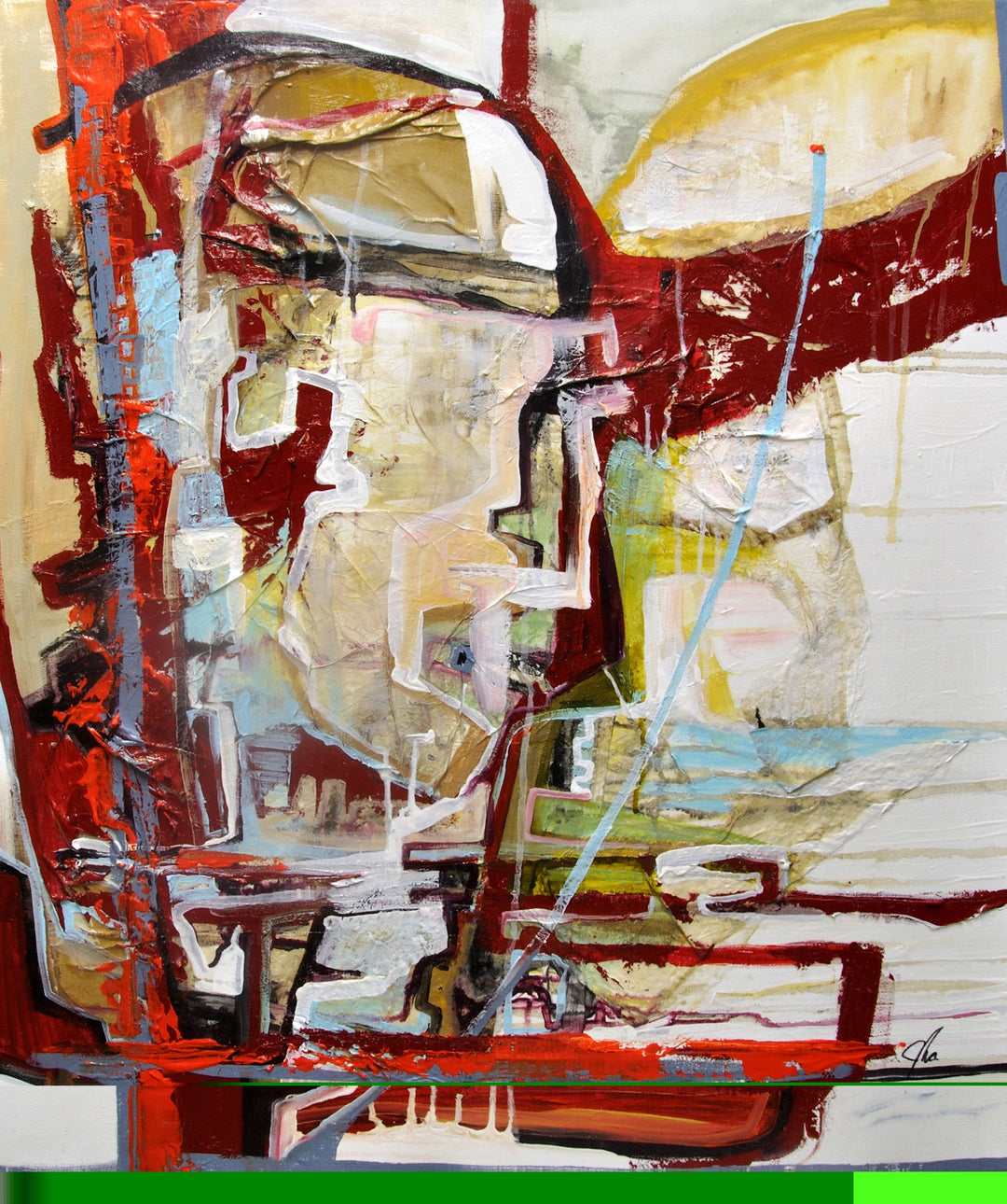 An abstract painting by Jennifer Bobola, depicting a man in vibrant shades of red and green titled "Like Being in Love".