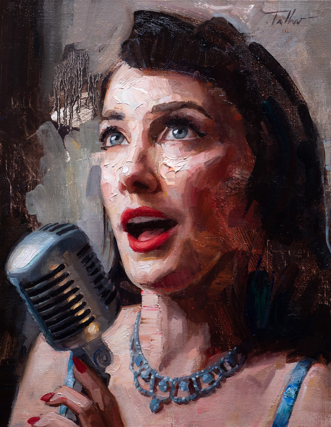 A mesmerizing oil painting of Matt Talbert - "Showtime" brand, of an artist confidently holding a microphone during showtime.