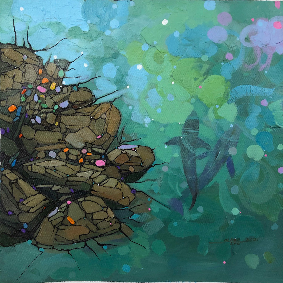 A painting of an underwater scene with rocks and octopus called "Bond III" by Ifeoluwa Alade in 2021.