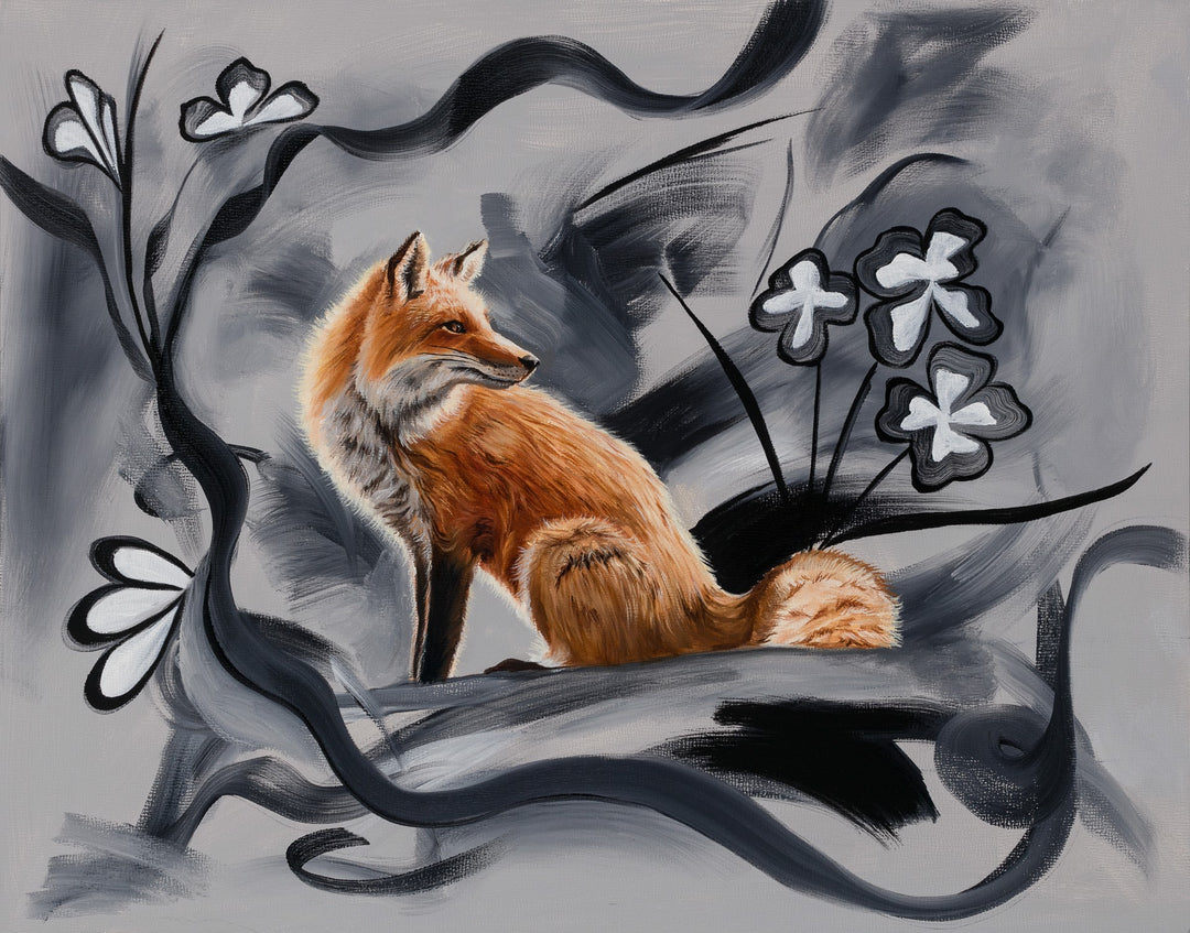 A captivating oil painting showcasing Robin Hextrum's "Fox with Swirling Gestures", executed with intricate brushwork and swirling gestures.