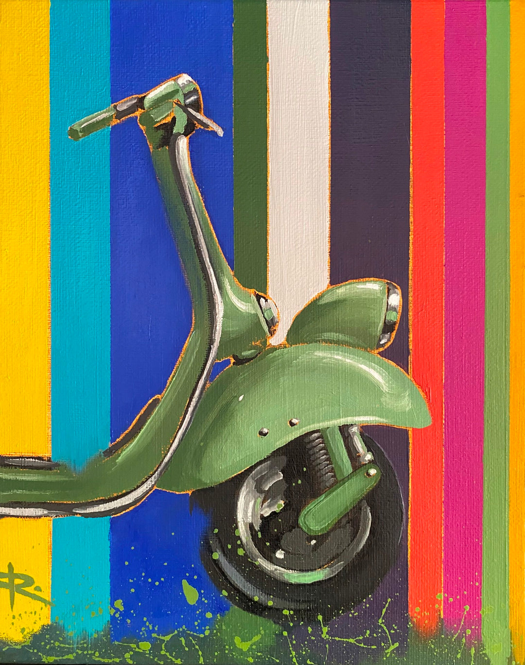An oil on canvas painting of a green "Orvieto I feat. 1954 Vespa Piaggio" scooter by Rosa Fedele.