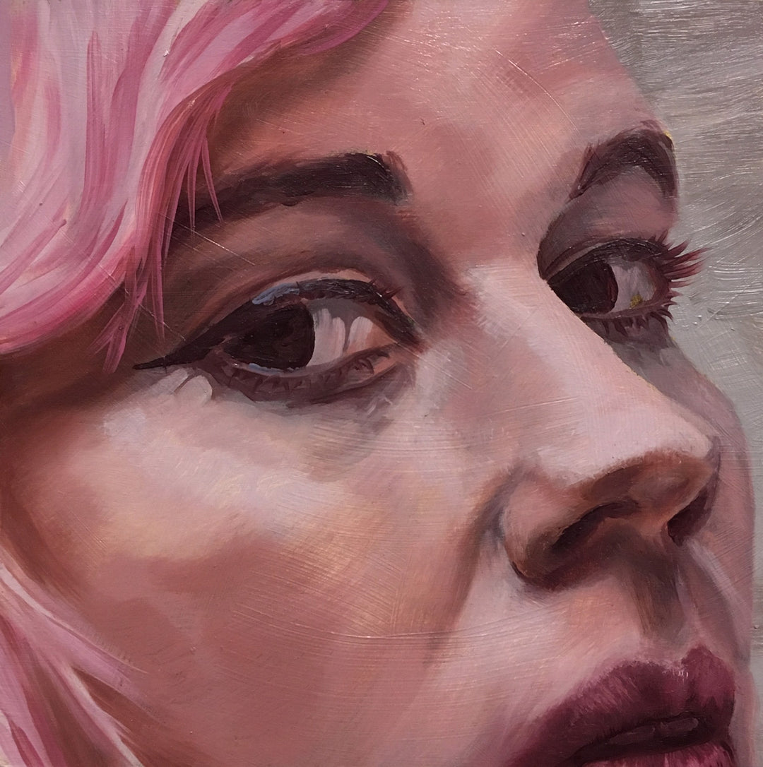 An "Wonder" oil painting of a woman with pink hair by Shaina Craft.