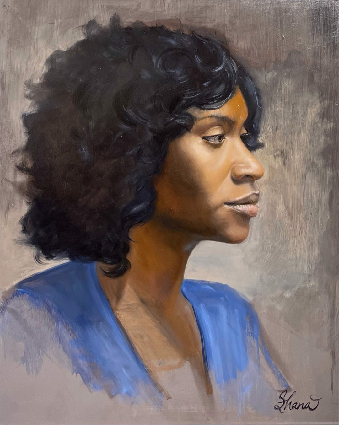 An oil on panel painting of a woman with curly hair, "Untitled" by Shana Levenson.
