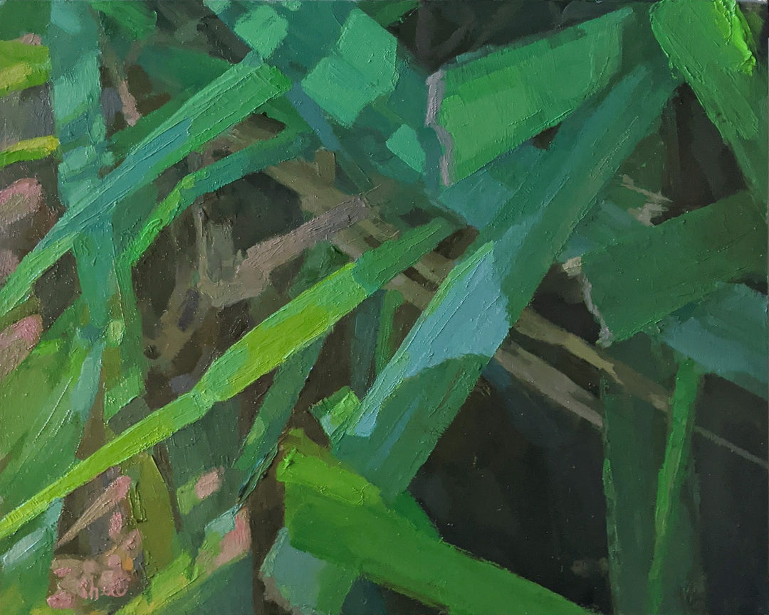 Shelli Langdale - Collateral Beauty 2, 2020" by Shelli Langdale - an enchanting oil painting capturing the vibrant shades of green grass on a gallery panel.