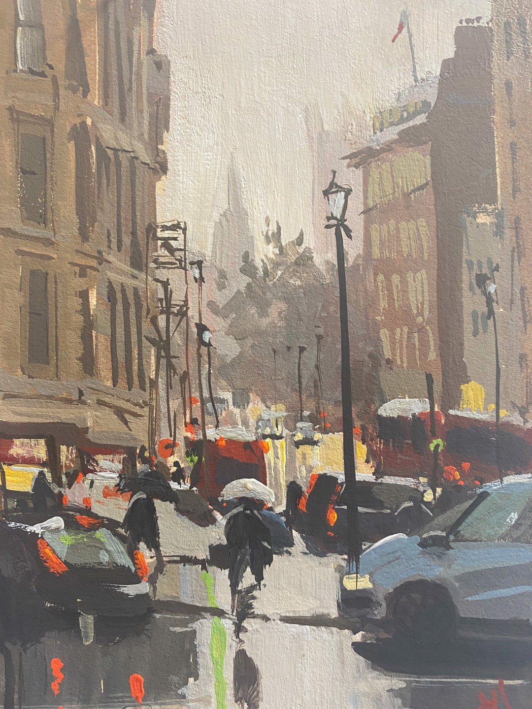 A Judd Mercer - "London Proper, 2020" painting of a London Proper street scene with cars and people, rendered in gouache.