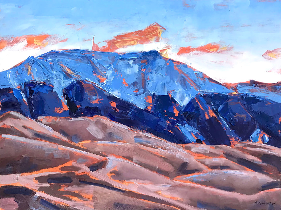 A David Shingler - "Great Sand Dunes National Park" painting of a mountain in the Great Sand Dunes National Park, Colorado.