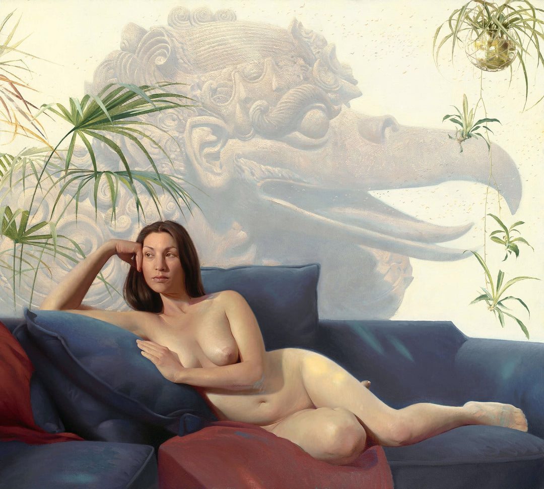 An oil on canvas artwork showcasing a nude woman lounging gracefully on a blue couch, created by Diego Glazer - "Garuda" from the brand Diego Glazer.