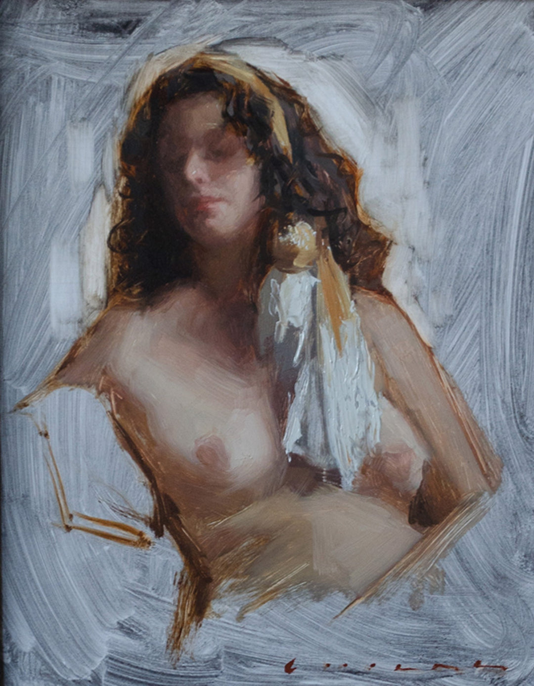 An entrancing oil painting of a nude woman adorned with a scarf, beautifully crafted by Casey Childs - "Trance" by Casey Childs.