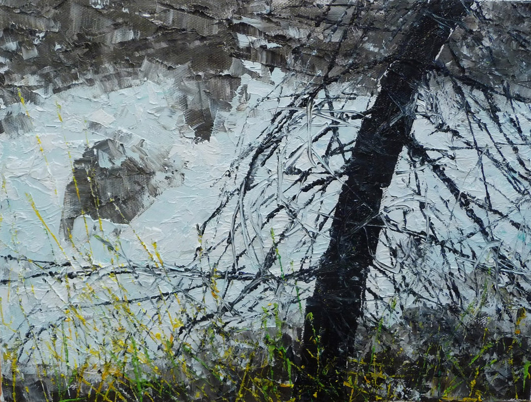 An oil painting of a tree near a river by Chris Charlebois - "Mishap, 2022" by Chris Charlebois.