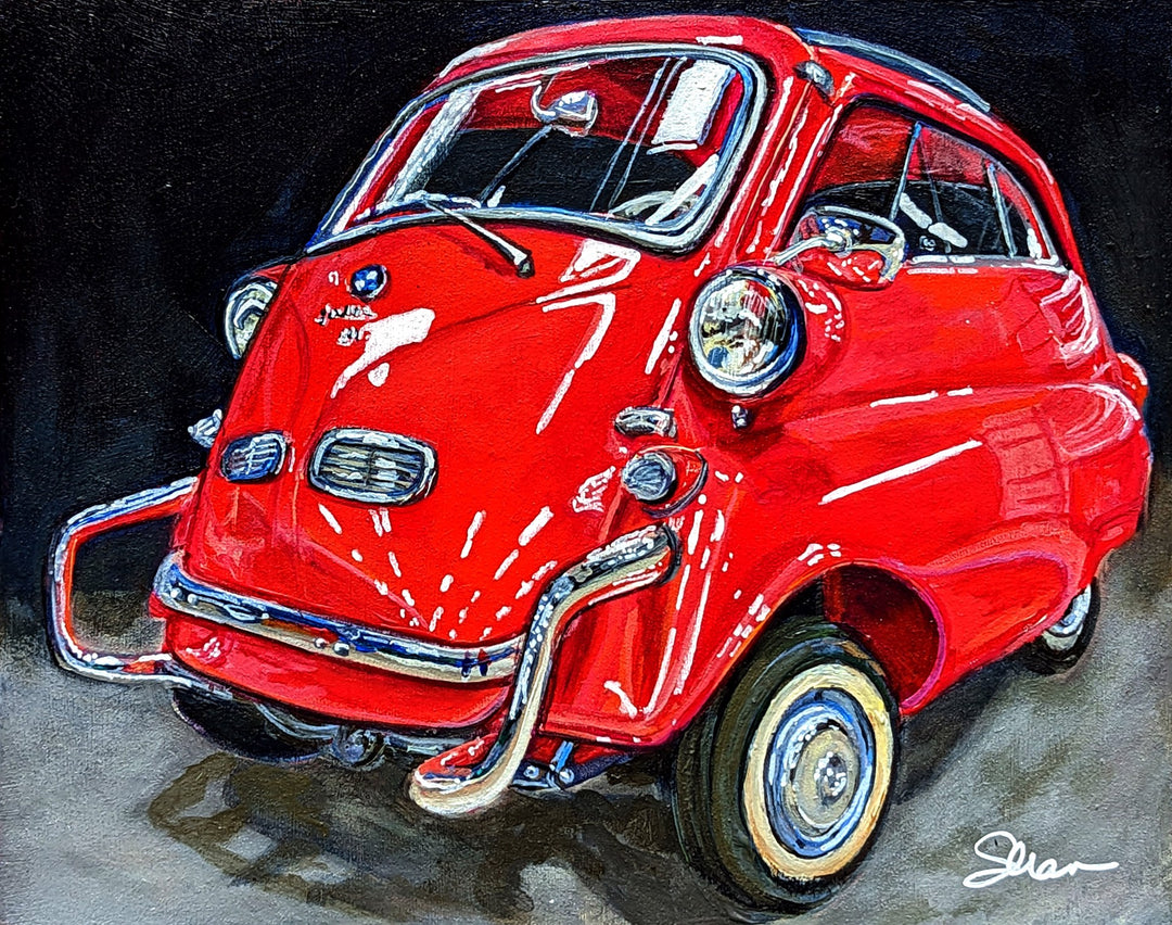 A painting of a small red car, specifically the "1959 Red BMW Isetta 300" by artist Shan Fannin.