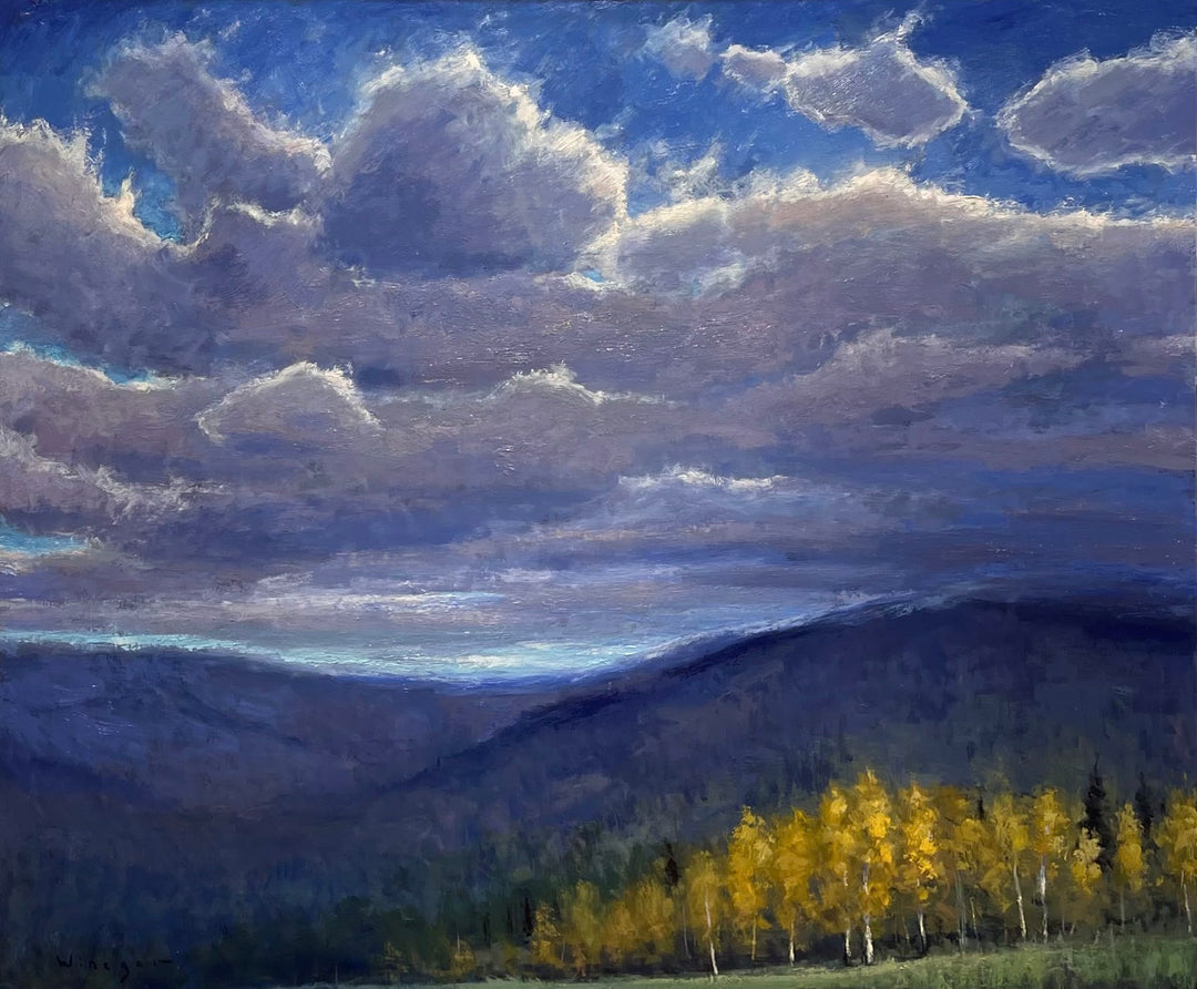 A 40 x 48 inch "High Country Roads" oil painting of clouds over a field of yellow trees by Seth Winegar.