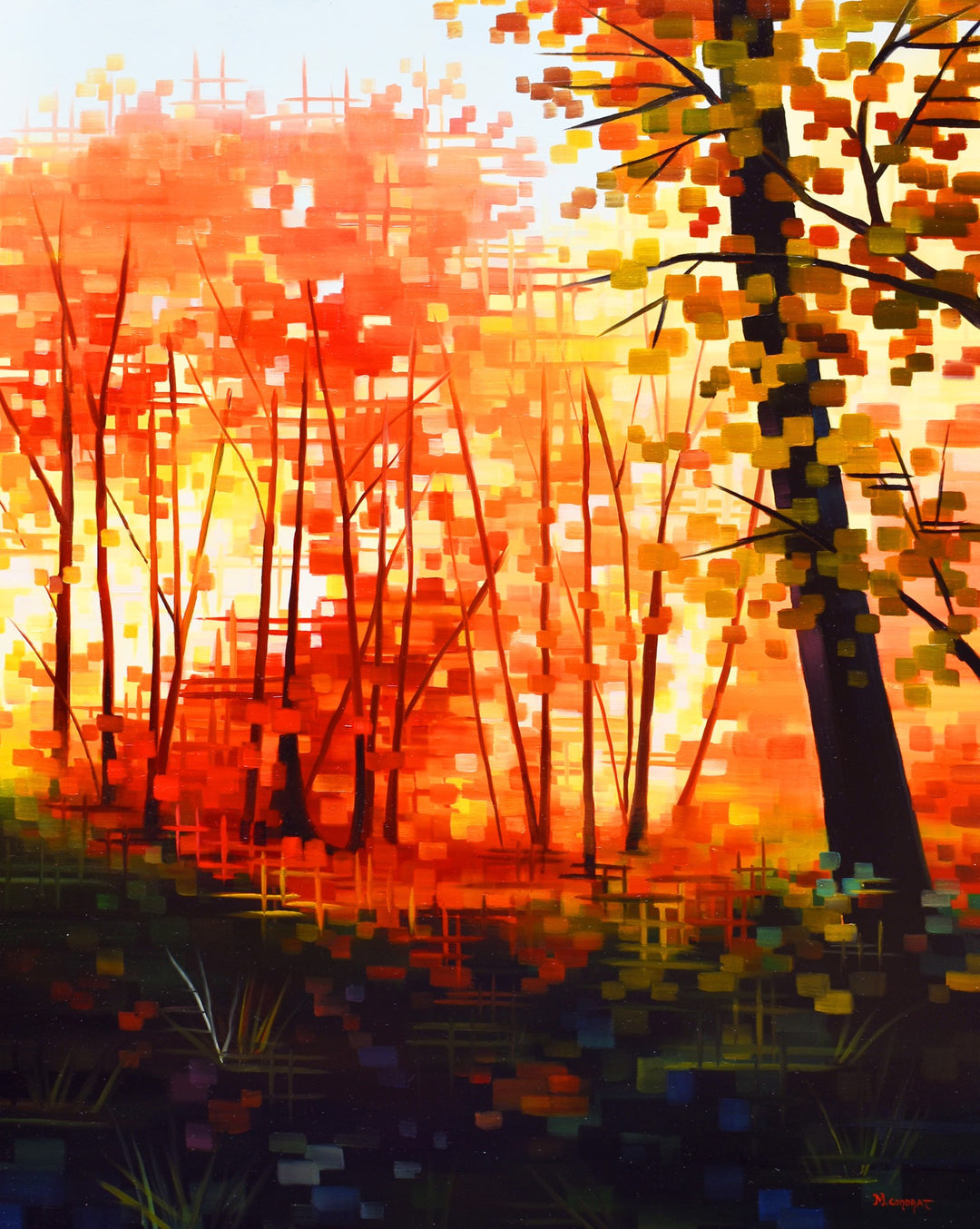 Michelle Condrat's painting "The Lucky Grove, 2020" by Michelle Condrat depicts a serene forest with towering trees and a mesmerizing sunset. Executed in oil, this masterpiece captures the enchanting beauty of nature.