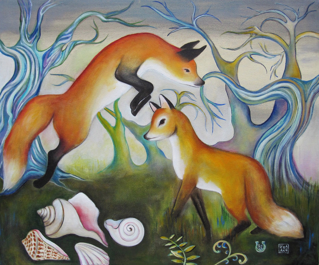 An enchanting oil on canvas depicts two foxes gleefully playing with shells. The Zoa Ace - "Foxes with Shells" painting measures an impressive 30 x 36 inches, showcasing the harmonious blend of Zoa Ace.