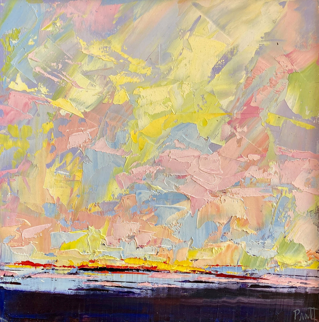 An abstract painting of a colorful sky by Sandra Pratt - "Sunset Reflections" by Sandra Pratt.