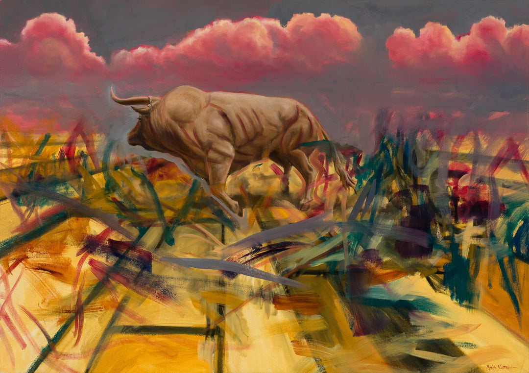 The Robin Hextrum - "A Bull Spins in Time" is a captivating oil painting created by Robin Hextrum. This exquisite artwork depicts a powerful bull roaming freely in a beautiful field.