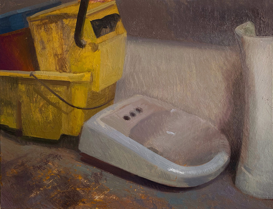 Artist Brad Davis creates a visually striking painting depicting a toilet and a bucket, taking inspiration from the everyday objects found in Brad Davis - "Mop Room".