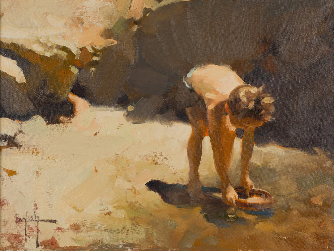 Kim English's "Boy with Tadpoles, 1989" oil on canvas captures the joyful innocence of a boy playing with tadpoles in the water.