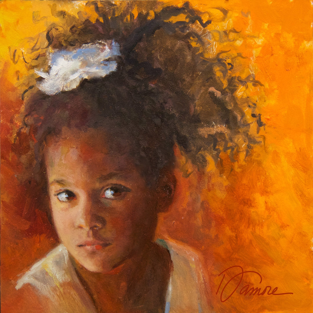A "Cheeky" painting of a little girl with curly hair, created by Robin Damore in oil on panel.