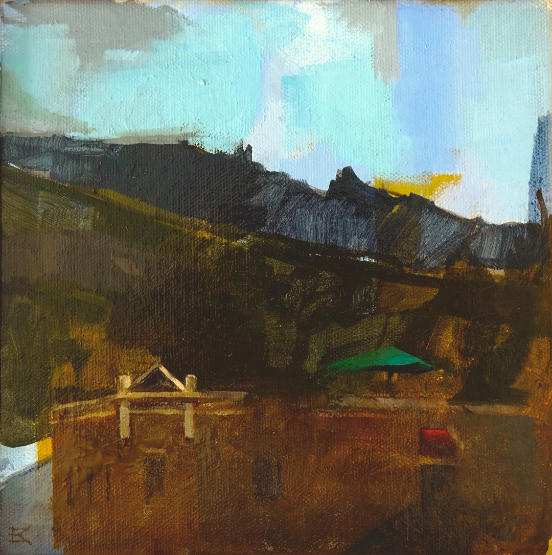 The "Afterglow" by Emma Kalff is an exquisite oil on canvas painting, depicting a charming house adorned with a vibrant green umbrella.