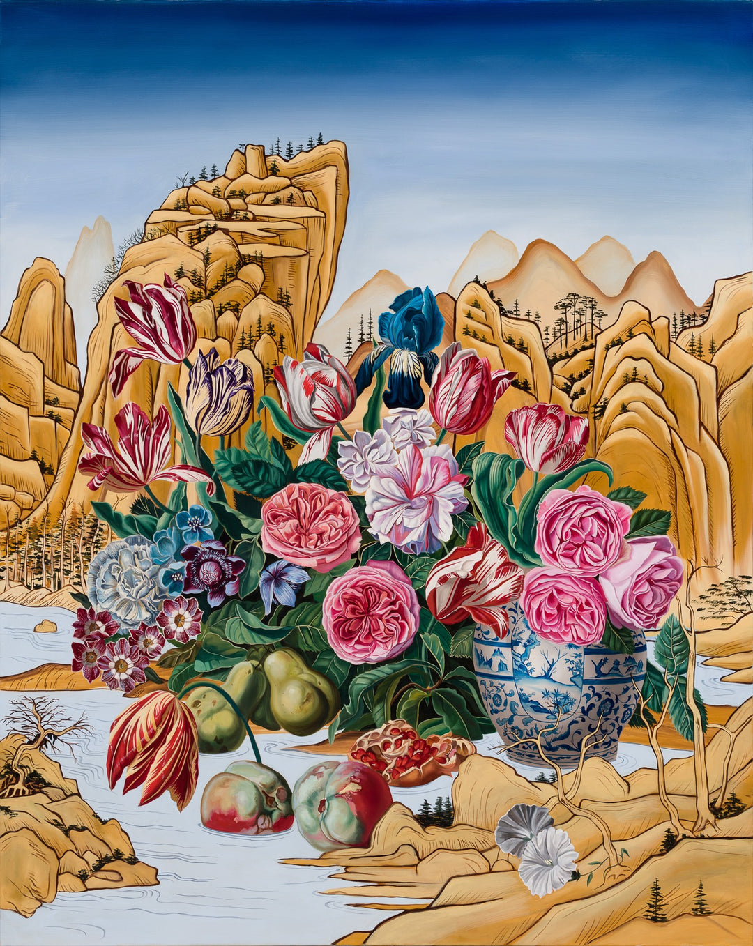 Western Still Life with Eastern Landscape by Robin Hextrum, oil on canvas, 60 x 48 inches