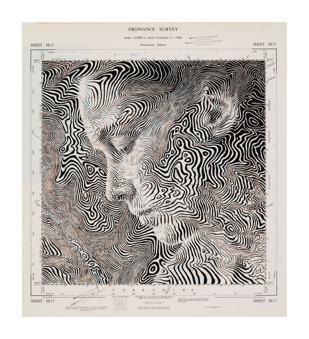 "Fountains Earth, United Kingdom" - a portrait of a man emerging from an abstract pattern drawn onto a black and white topographic map of the Fountains Earth area in Yorkshire by artist Ed Fairburn.